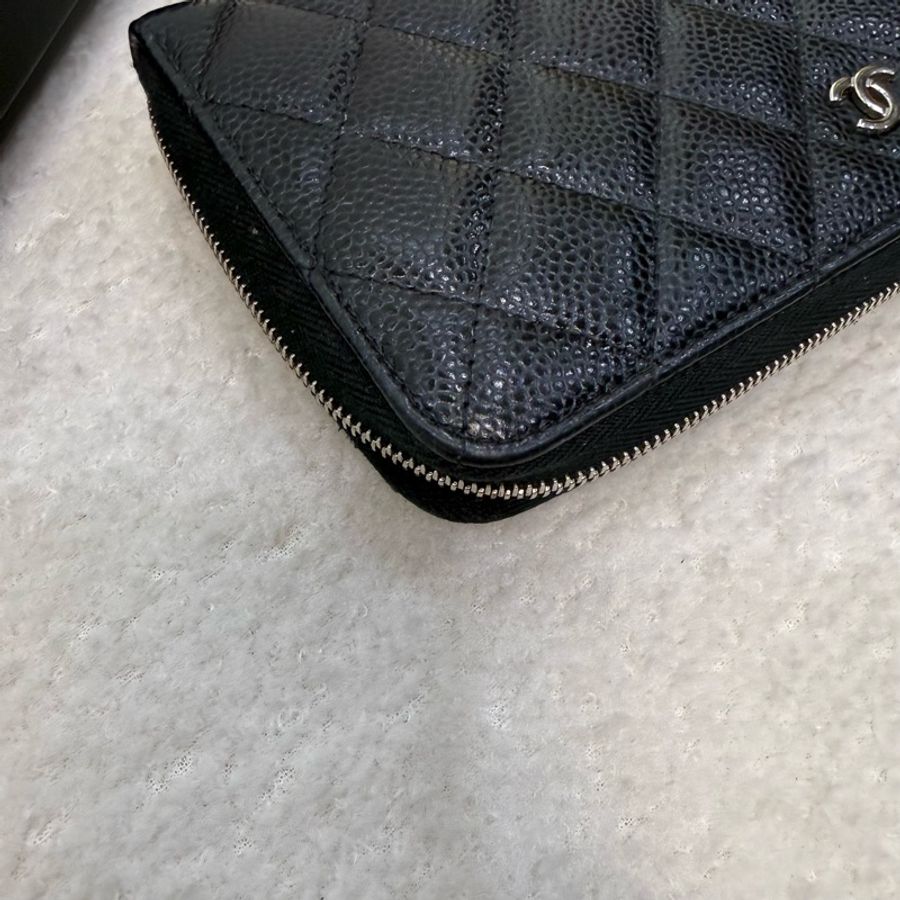 Chanel 黑荔枝銀釦雙c logo長夾-10