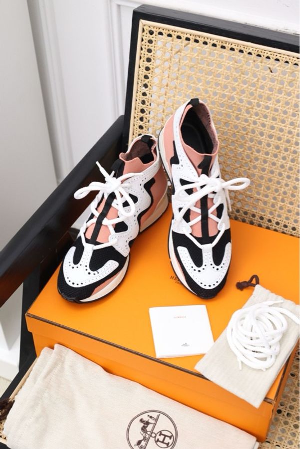 Hermes 20年红黑针织皮革拼色运动鞋-0
