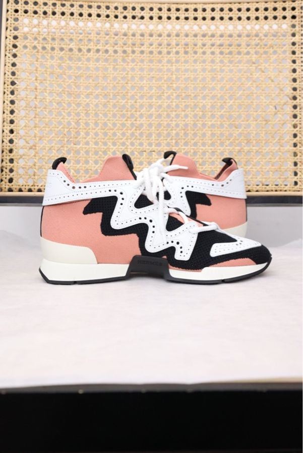 Hermes 20年红黑针织皮革拼色运动鞋-4