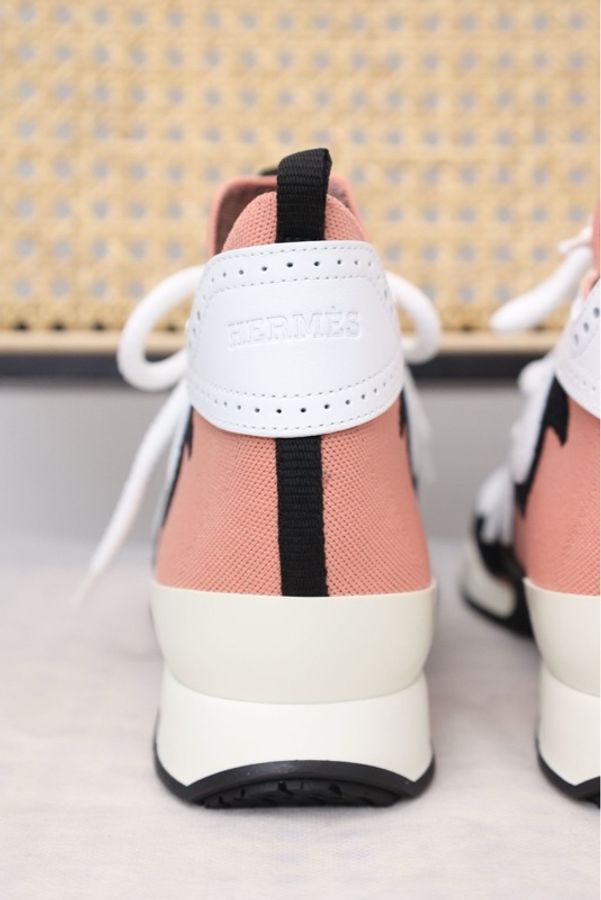 Hermes 20年红黑针织皮革拼色运动鞋-5