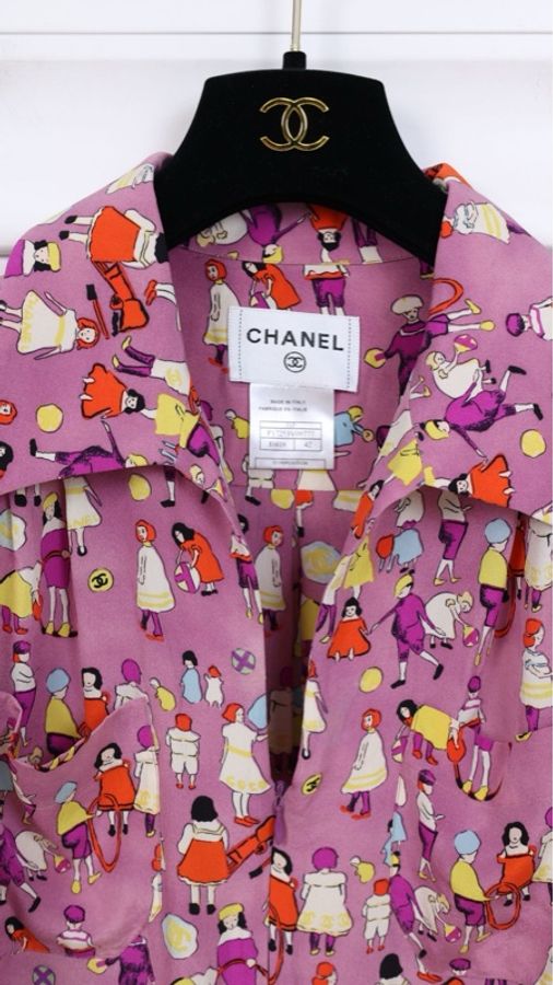 Chanel 01年紫色人像图案真丝衬衫-8
