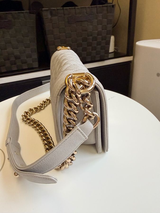 Chanel Le Boy小號 灰色配淡金扣-5