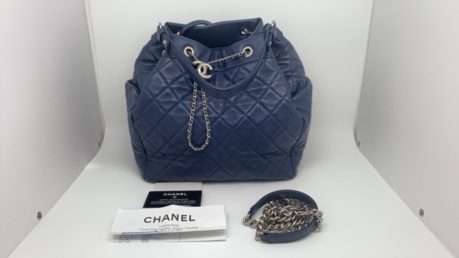 99新香奈儿Chanel 海军蓝菱格小羊皮 抽绳水桶托特包 银扣 38x28x16cm-0