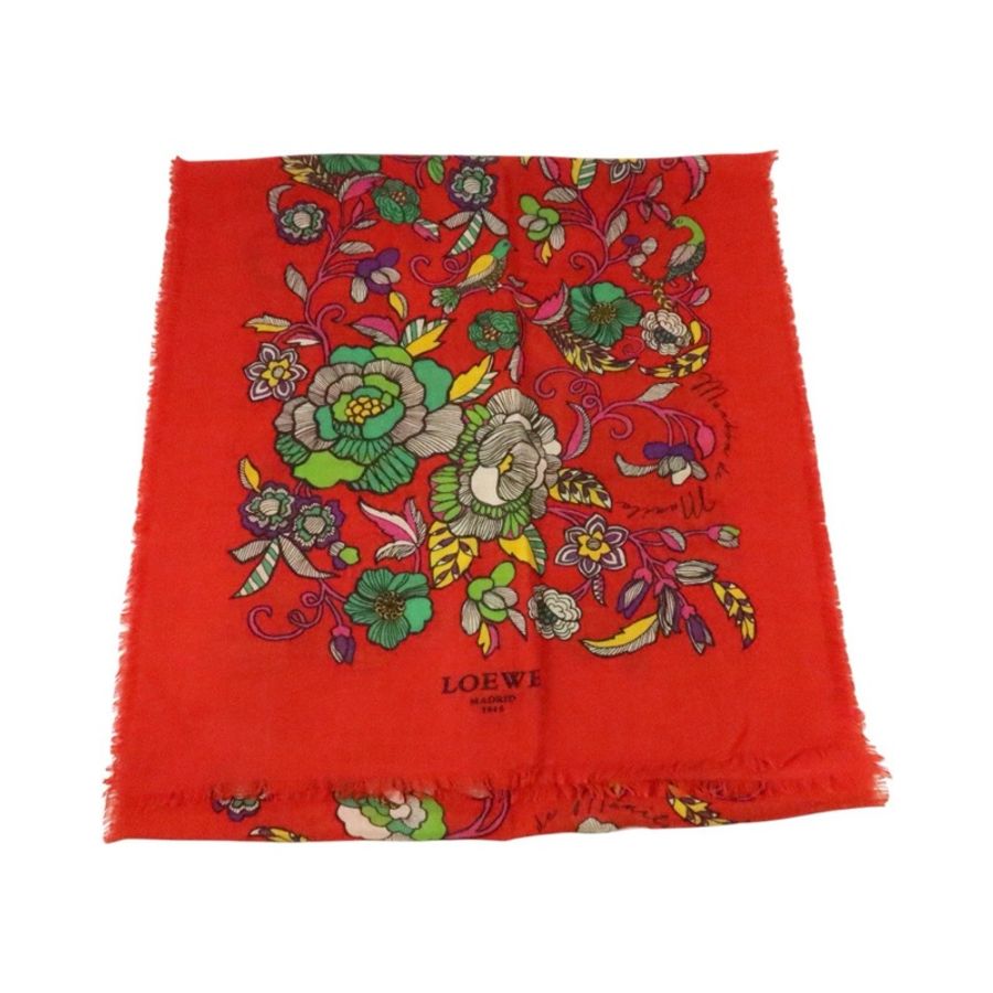 莉亞精品♡ Loewe 小鳥花花紅底大披肩 二手美品-0