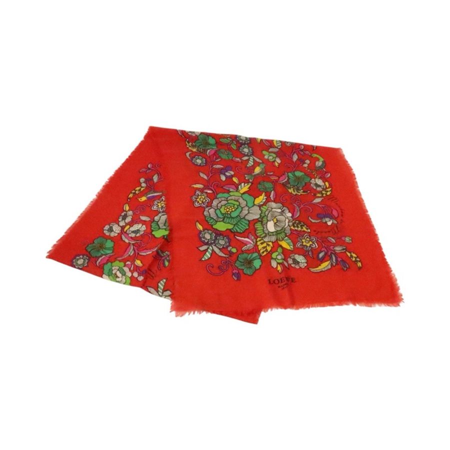 莉亞精品♡ Loewe 小鳥花花紅底大披肩 二手美品-1