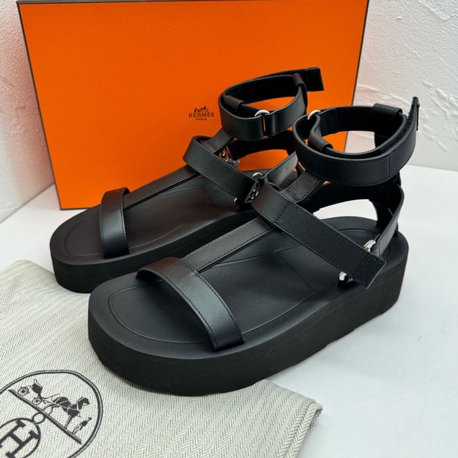 全新,Hermes愛馬仕Enid機能風黑色一字帶涼鞋,尺碼37碼-0
