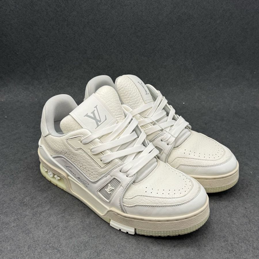 95新 LOUIS VUITTON Trainer 牛皮 白水泥 低幫 時尚板鞋 男女同款 白色 37.5碼-3