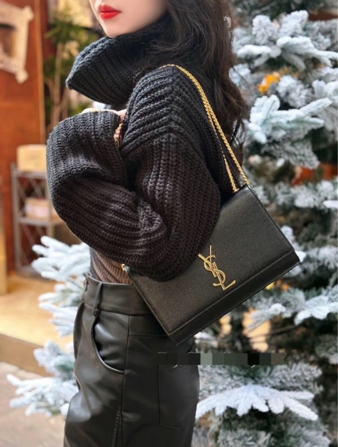 98新YSL聖羅蘭Kate系列logo限定款黑金荔枝紋流蘇中號-8