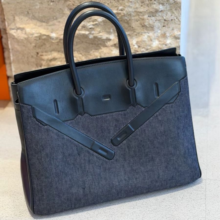 Hermes 愛馬仕 birkin 35 shadow 幻影 黑色拼牛仔 框N刻 swift皮拼帆布 99新-0