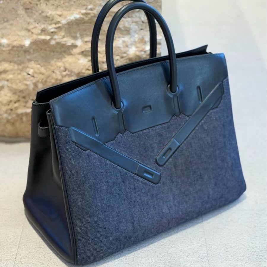 Hermes 愛馬仕 birkin 35 shadow 幻影 黑色拼牛仔 框N刻 swift皮拼帆布 99新-2
