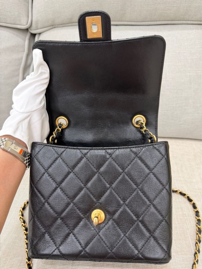 香奈兒Chanel 22k 山羊皮 復古方胖子黑金-31