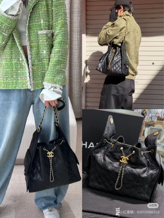 Chanel香奈兒25bag荔枝牛皮中號黑金-2