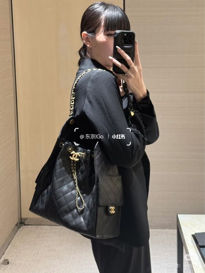 Chanel香奈兒25bag荔枝牛皮中號黑金-3