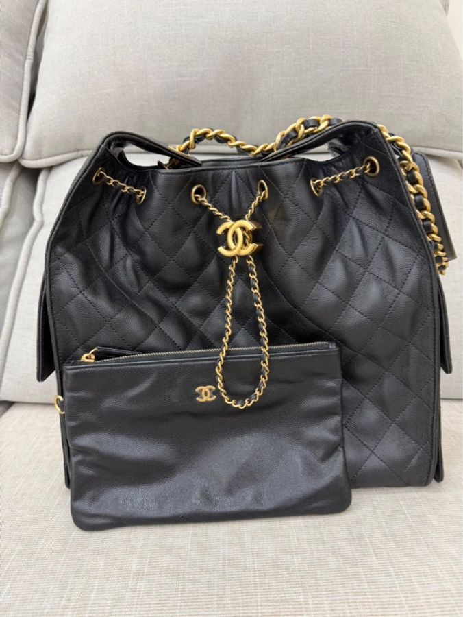 Chanel香奈兒25bag荔枝牛皮中號黑金-6