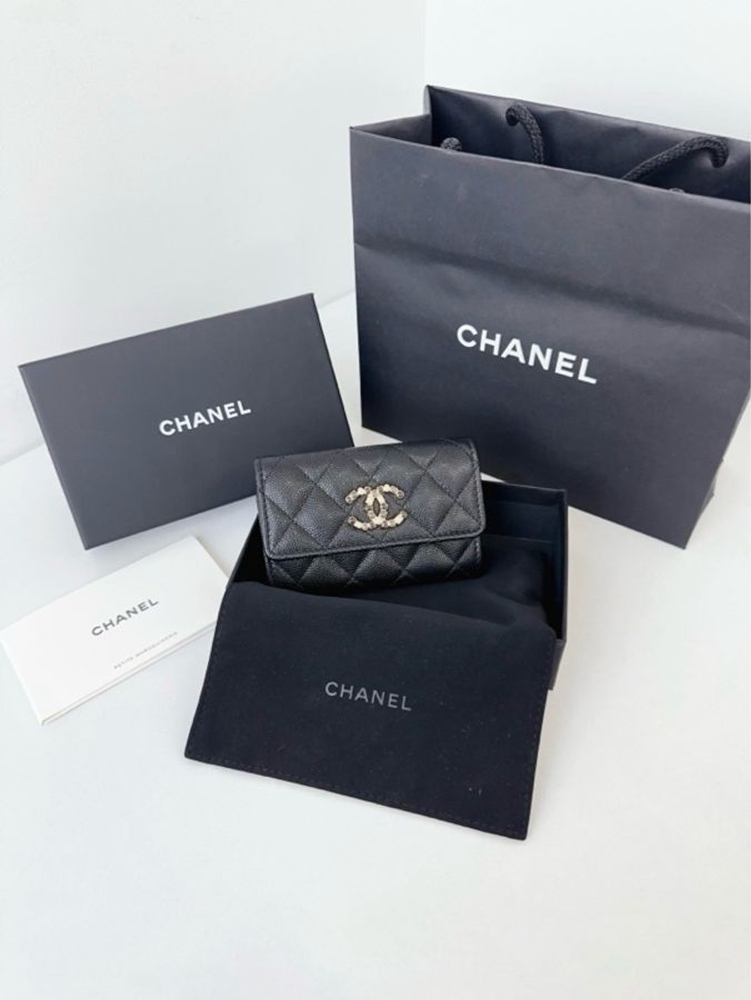 💎Chanel香奈兒|黑金荔枝皮翻蓋卡包/零錢包|高價款珍珠琺瑯大雙C|全新未使用芯片款-2