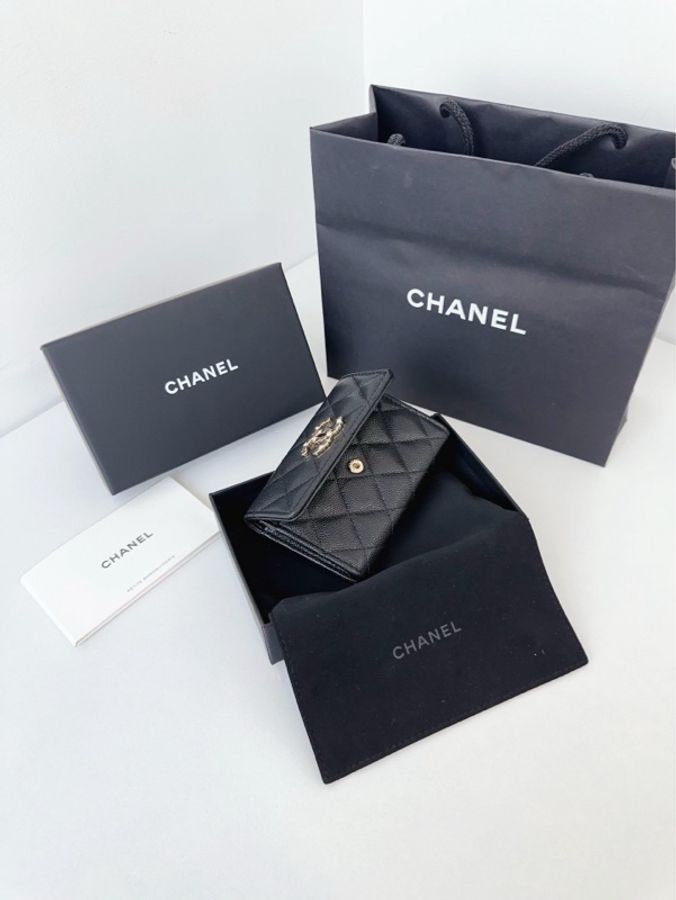 💎Chanel香奈兒|黑金荔枝皮翻蓋卡包/零錢包|高價款珍珠琺瑯大雙C|全新未使用芯片款-6