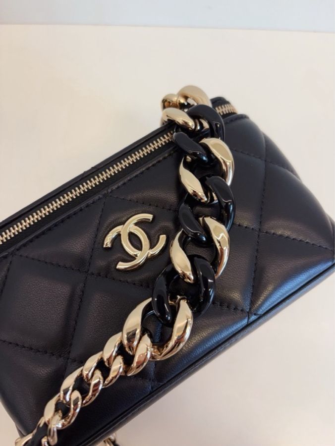 💎Chanel香奈兒|黑淡金化妝包 拼接不規則鏈條 長盒子 化妝包 鏈條包|98新31開-8