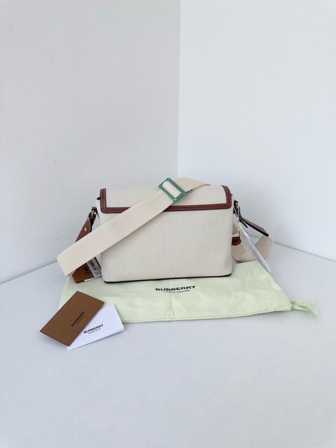 ✨Burberry|Horseferry Note 帆布拼棕皮郵差包 新款寬肩帶 橫版|全新有膜有吊牌-3