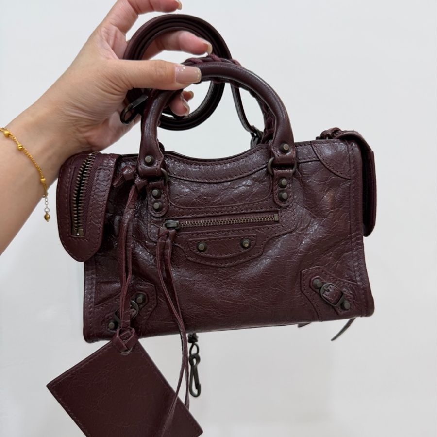 Balenciaga 巴黎世家 酒紅色 羊皮 Nano mini City 機車包 斜背包 手提包 肩背包-2
