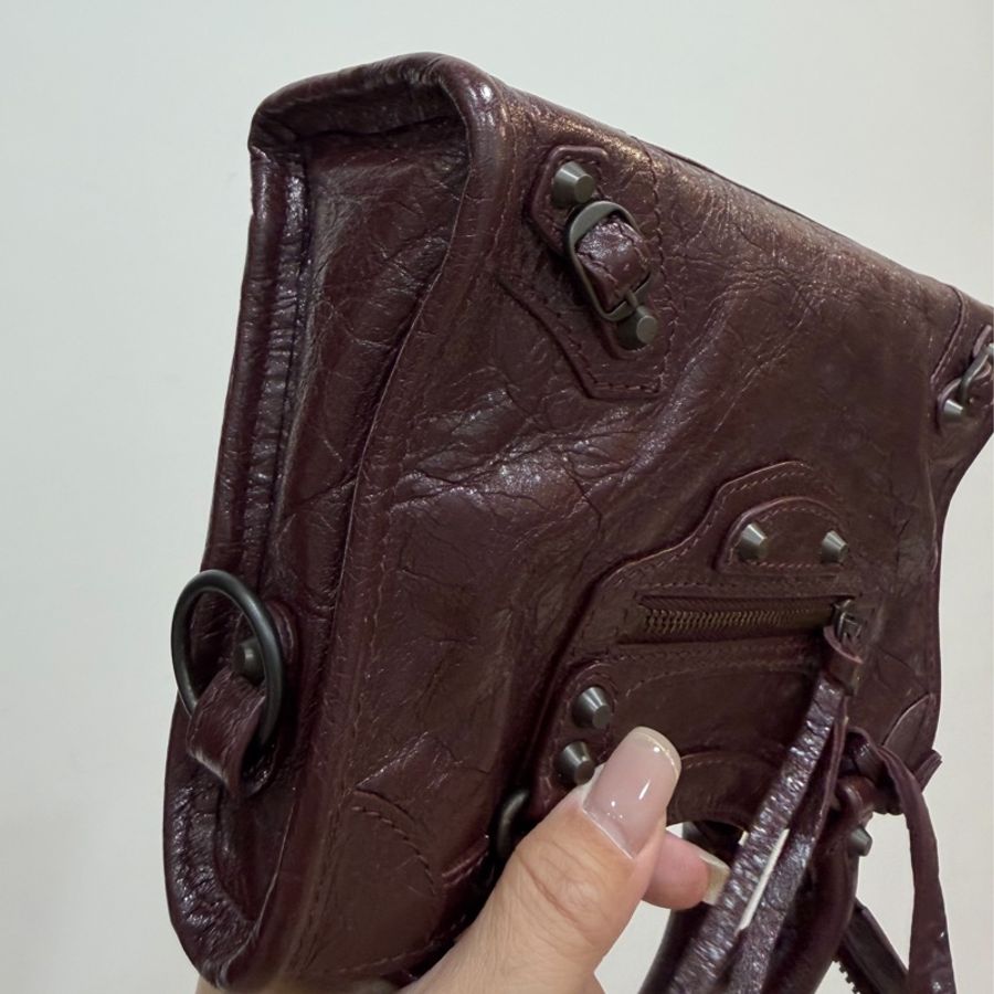 Balenciaga 巴黎世家 酒紅色 羊皮 Nano mini City 機車包 斜背包 手提包 肩背包-9