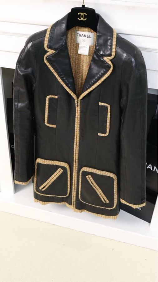 Chanel 03年黑橘粗花呢拼皮拉链皮衣外套FR34 23/12-3