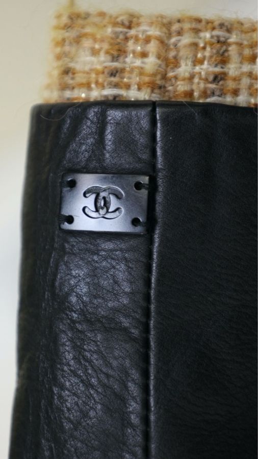 Chanel 03年黑橘粗花呢拼皮拉链皮衣外套FR34 23/12-8