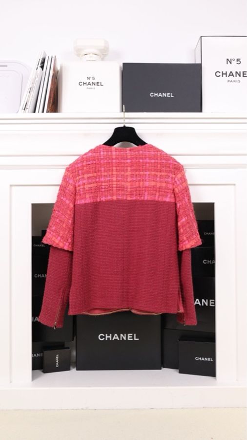 Chanel 16年椅子系列玫红编织圆领两口袋外套-1