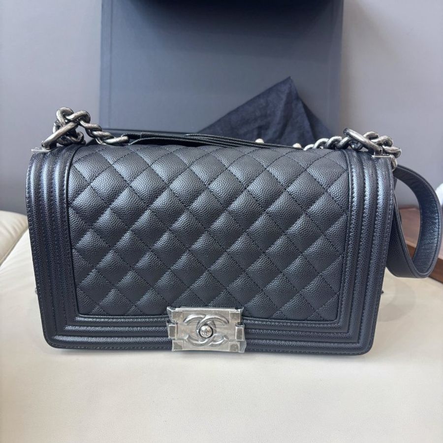 閒置新 香奈兒/Chanel 黑銀荔枝紋牛皮leboy中號 芯片款-5