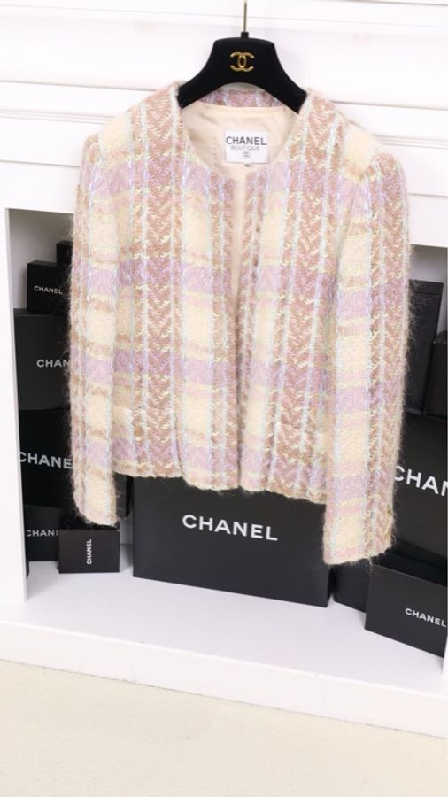 Chanel 紫咖色格纹crop短外套半裙套装-13