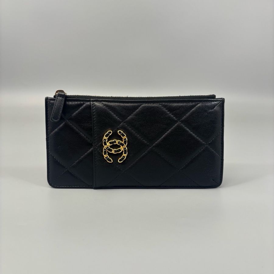 Chanel 香奈兒 黑金小羊皮拉鍊錢包卡包 29開 尺寸20*10-0