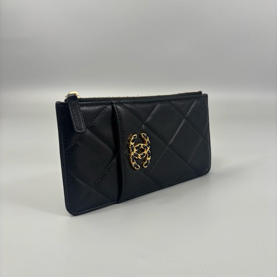 Chanel 香奈兒 黑金小羊皮拉鍊錢包卡包 29開 尺寸20*10-5