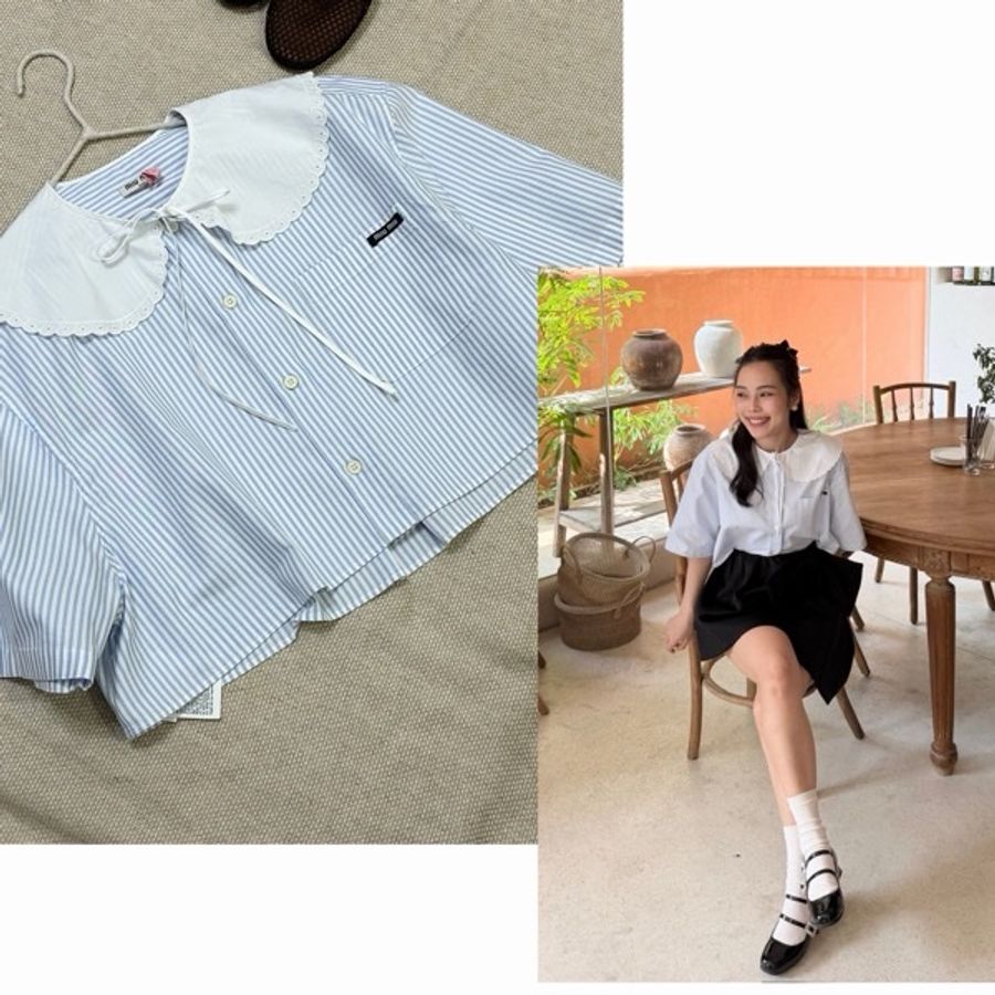 Miumiu 雕花領條紋襯衫-0