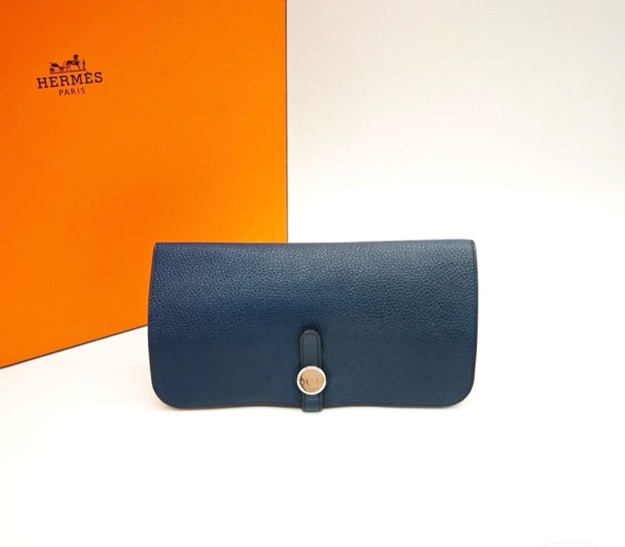 9成新 愛馬仕 Hermès Dogon 長夾 深藍色 Togo 牛皮 銀扣-0