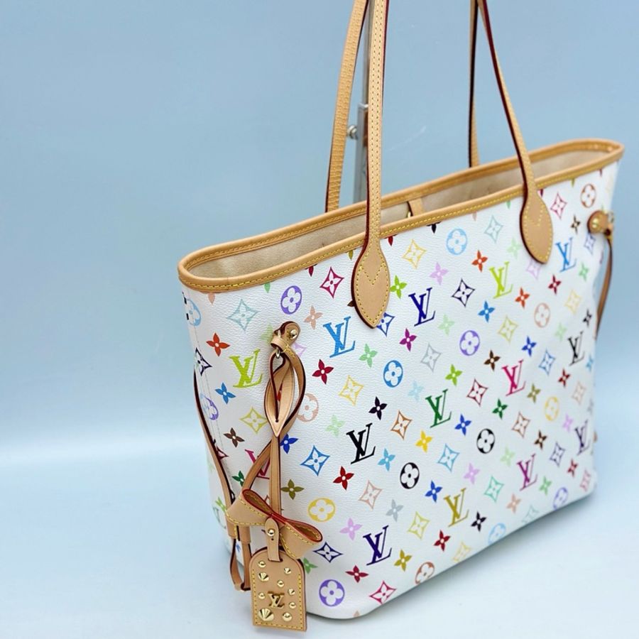 路易威登/Louis Vuitton 村上隆聯名neverfull中號托特包子母包手提包單肩包 白三彩 芯片款-2