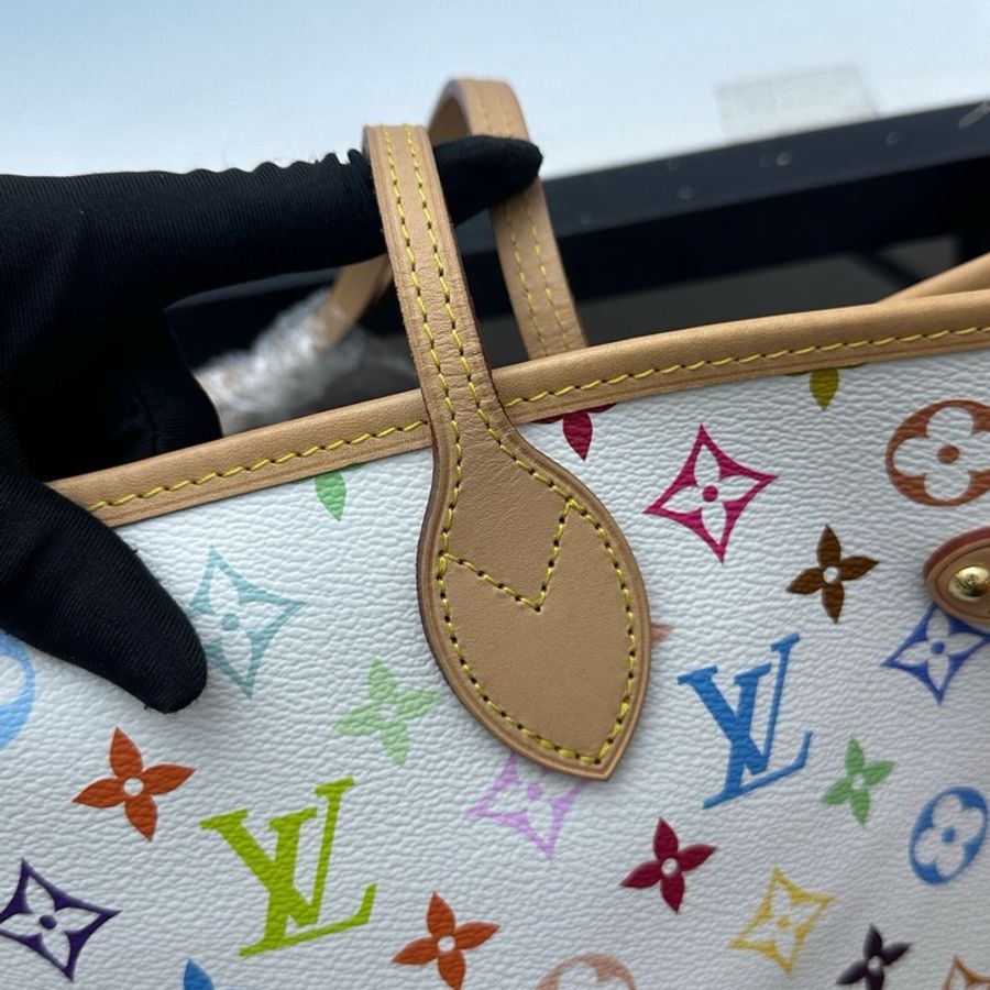 路易威登/Louis Vuitton 村上隆聯名neverfull中號托特包子母包手提包單肩包 白三彩 芯片款-7