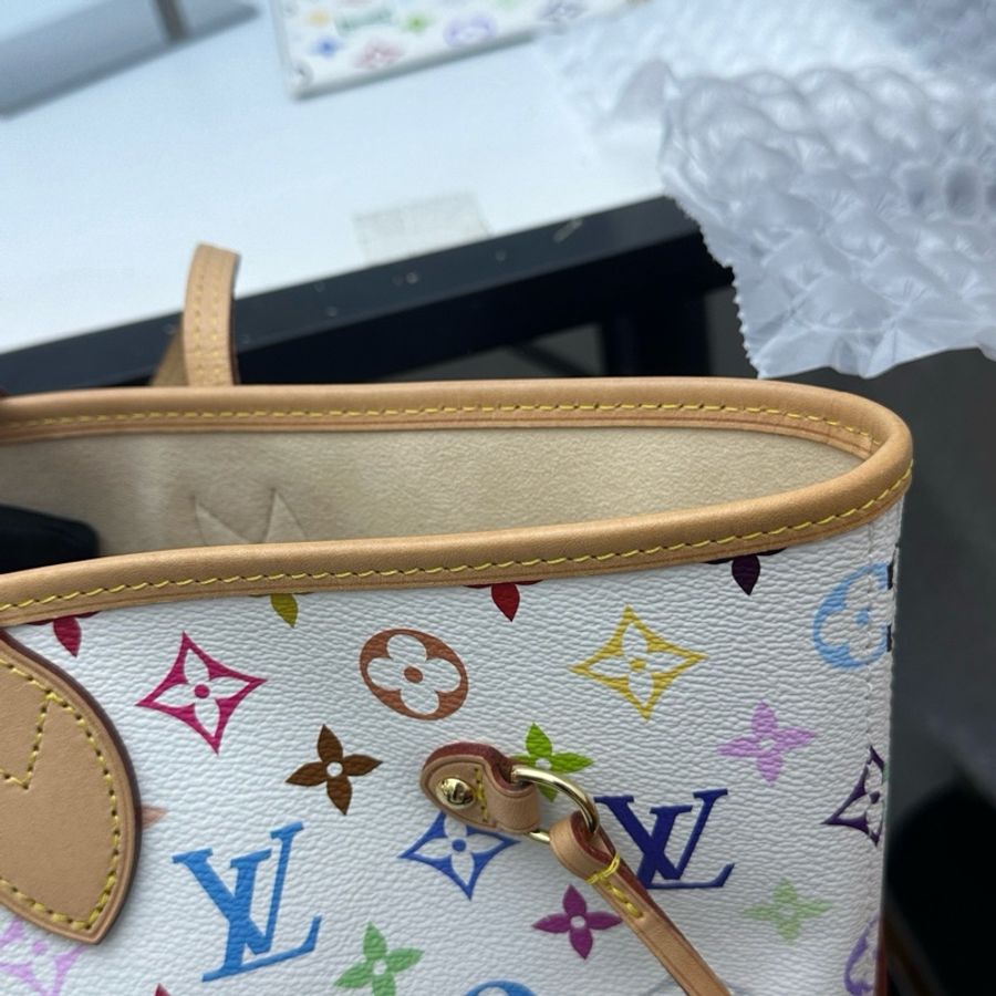 路易威登/Louis Vuitton 村上隆聯名neverfull中號托特包子母包手提包單肩包 白三彩 芯片款-8