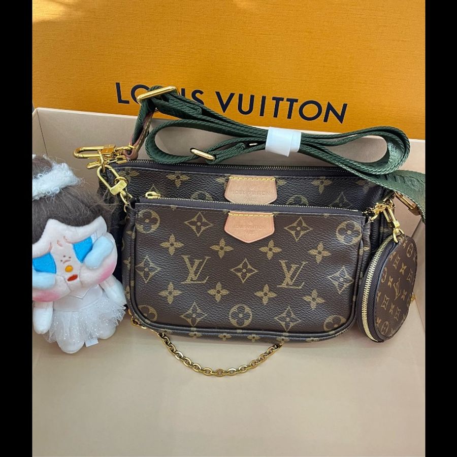 成色A級 LV 路易威登 老花 五合一 單肩斜挎包 綠肩帶 裸包。-2