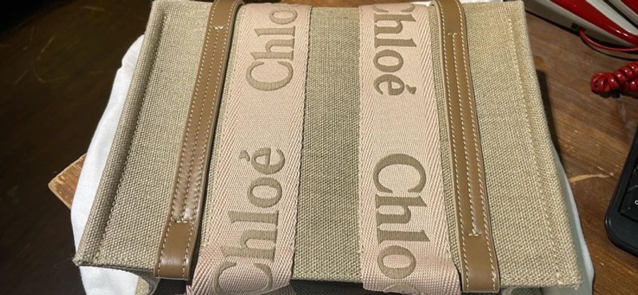 CHLOE亞麻奶茶小紙袋包(約26*20)刺繡款 超可愛奶茶色-5