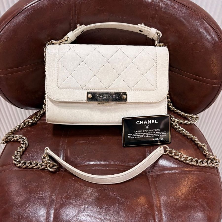 CHANEL 香奈兒 小號郵差鏈條包 白金荔枝牛皮 復古五金-1