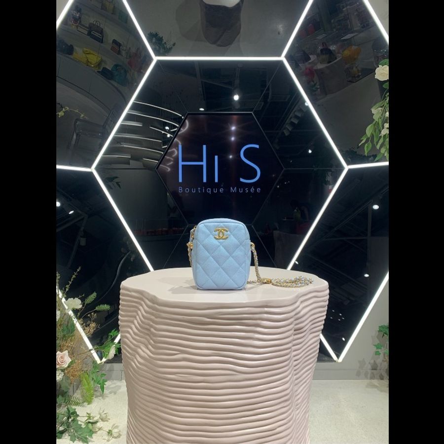 Chanel 豎版相機包 珠光藍 金扣 荔枝皮 99新-3