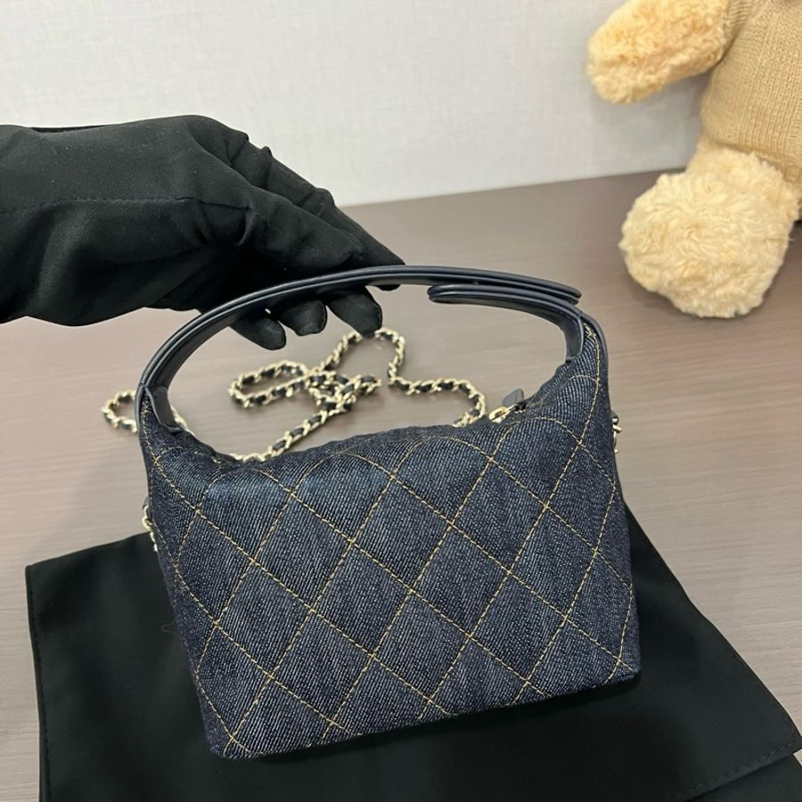 Chanel/香奈兒 26P牛仔丹寧外縫線飯盒包手提包斜挎包 芯片-1