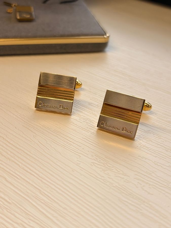 Christian Dior 復古金銀雙色拉絲幾何袖扣與領帶針三件套(附原裝盒)-3