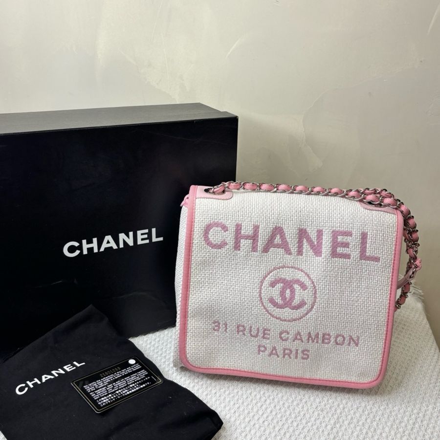 CHANEL 香奈兒 21開 粉色拼白色 沙灘口翻蓋編織 鏈條郵差包 尺寸23*23-0