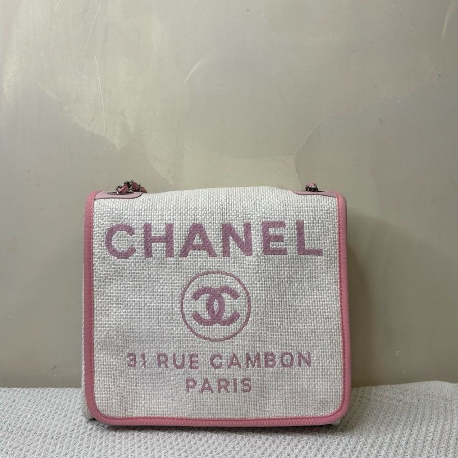 CHANEL 香奈兒 21開 粉色拼白色 沙灘口翻蓋編織 鏈條郵差包 尺寸23*23-1