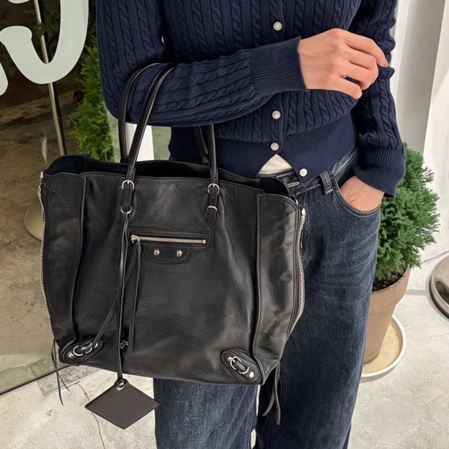 Balenciaga 巴黎世家經典 Papier 黑銀機車托特包附原厰背帶👵🏻-9