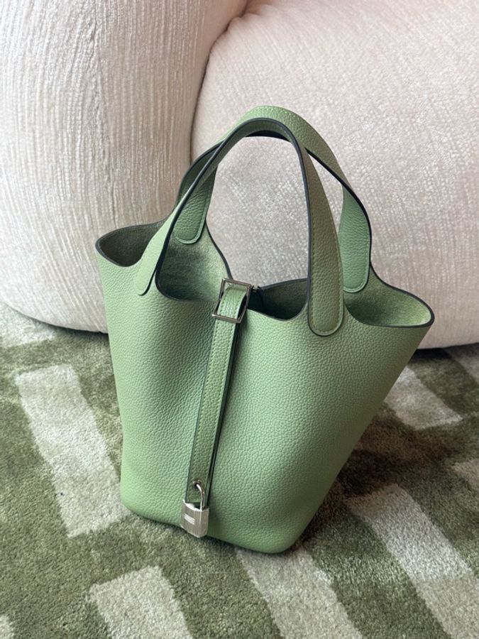Hermès 愛馬仕 菜籃子18牛油果綠銀扣 鎖具塵袋D刻-0