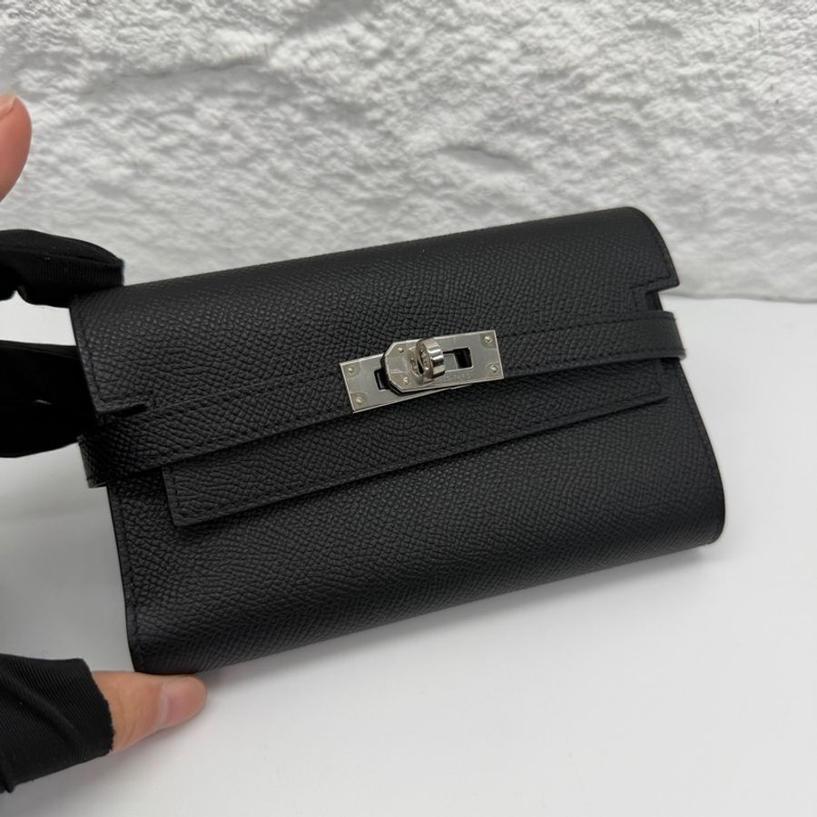 愛馬仕Hermes kelly long 三折錢包 黑色 銀扣 e皮 Stamp:C刻-0