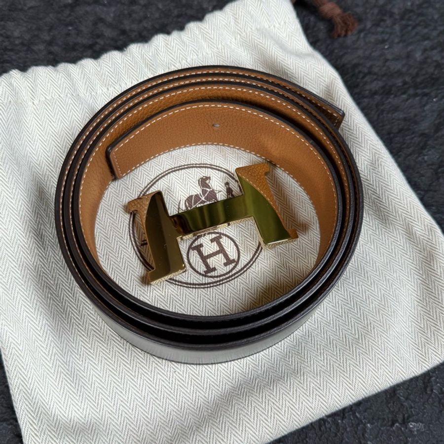 99新 HERMES/愛馬仕 經典金色H扣 黑色皮帶 110碼 U刻 寬度3.8cm 配件:塵袋-0