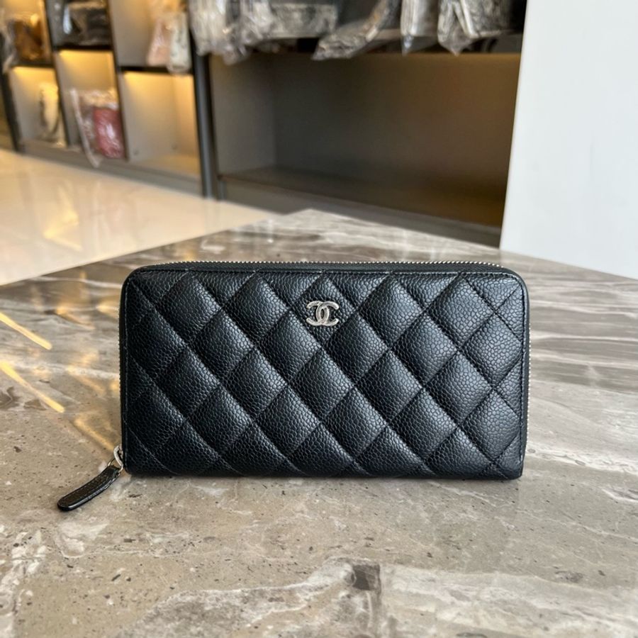 CHANEL 香奈兒 黑金菱格紋顆粒牛皮魚子醬皮手拿包錢包 25開-0