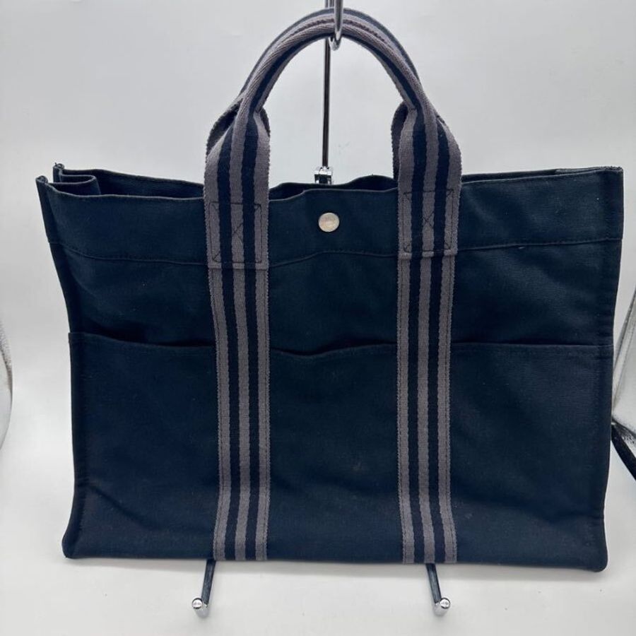 ⬛HERMES⬛狀況很好///黑色銀色線條手提帆布包-0